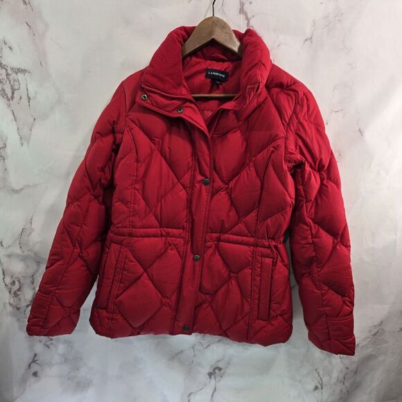 Lands End Down Jacket Womens Medium 8 Red Puffer Coat Zip Puffy FP Power Quilted - Picture 1 of 12
